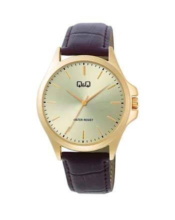 ساعت مچی مردانه کیو اند کیو Q&Q مدل C36A-010PY با بند چرم قهوه‌ای و صفحه طلایی، موومنت کوارتز ژاپنی