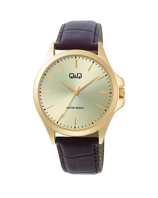ساعت مچی مردانه کیو اند کیو Q&Q مدل C36A-010PY با بند چرم قهوه‌ای و صفحه طلایی، موومنت کوارتز ژاپنی