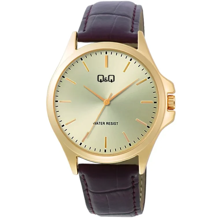 ساعت مچی مردانه کیو اند کیو Q&Q مدل C36A-010PY با بند چرم قهوه‌ای و صفحه طلایی، موومنت کوارتز ژاپنی