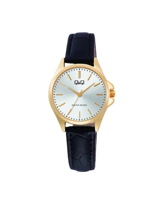 ساعت مچی زنانه کیو اند کیو Q&Q مدل C37A-010PY با بند چرم مشکی و صفحه نقره‌ای، موومنت کوارتز ژاپنی