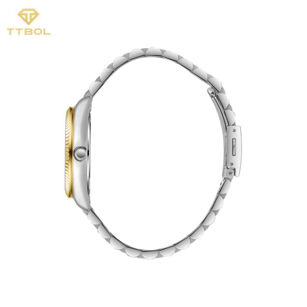 ساعت مچی زنانه اسلازنجر SLAZENGER SL.09.2338.4.08 با نشانگر تاریخ و روز هفته، بند دورنگ طلایی و صفحه سبز — نمای سوم