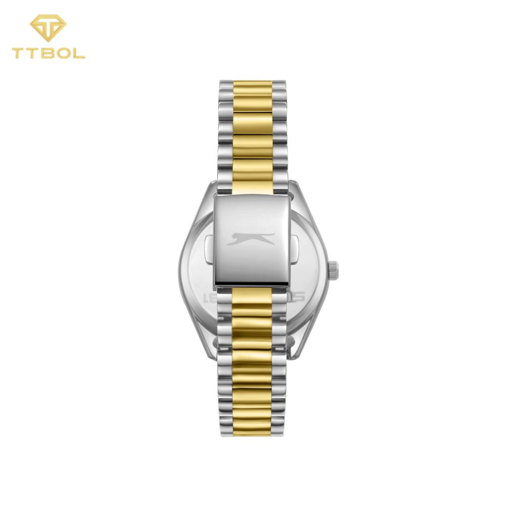ساعت مچی زنانه اسلازنجر SLAZENGER SL.09.2338.4.08 با نشانگر تاریخ و روز هفته، بند دورنگ طلایی و صفحه سبز — نمای چهارم