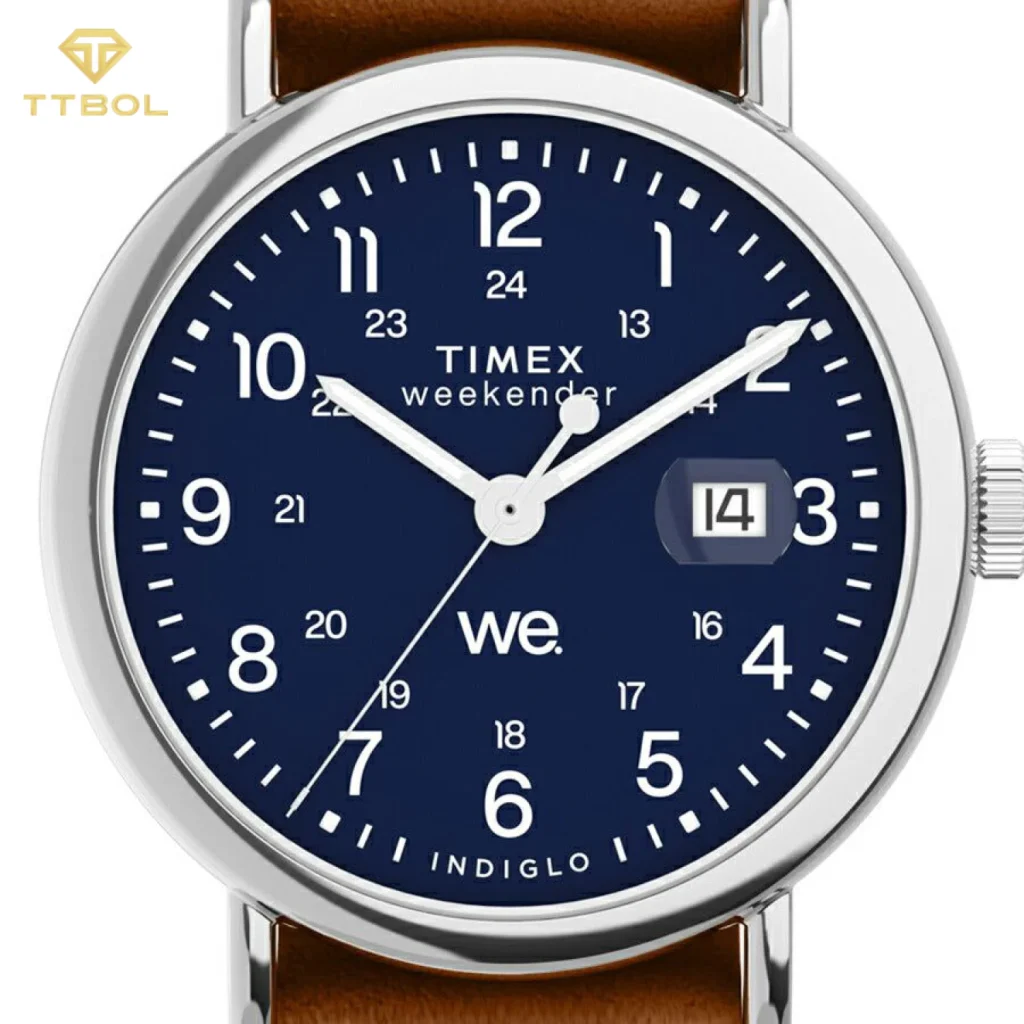 ساعت مچی مردانه تایمکس مدل TW2W86800 Weekender با صفحه سرمه‌ای و بند چرمی قهوه‌ای