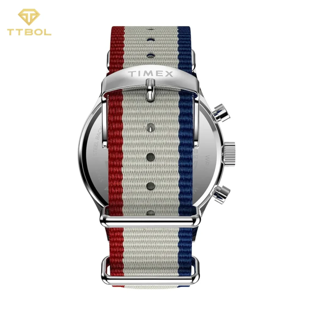 ساعت مچی مردانه تایمکس مدل TW2Y15800 Weekender New England Chronograph با صفحه سفید و بند پارچه‌ای طوسی