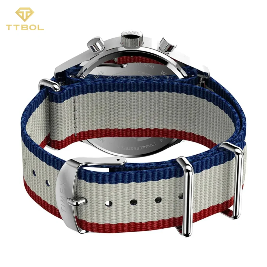 ساعت مچی مردانه تایمکس مدل TW2Y15800 Weekender New England Chronograph با صفحه سفید و بند پارچه‌ای طوسی