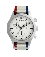 ساعت مچی مردانه تایمکس مدل TW2Y15800 Weekender New England Chronograph با صفحه سفید و بند نایلون راهراه قرمز-سفید-آبی