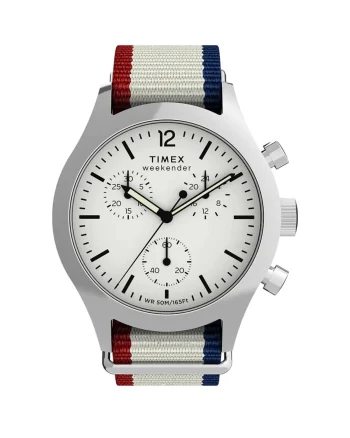 ساعت مچی مردانه تایمکس مدل TW2Y15800 Weekender New England Chronograph با صفحه سفید و بند نایلون راه‌راه قرمز-سفید-آبی