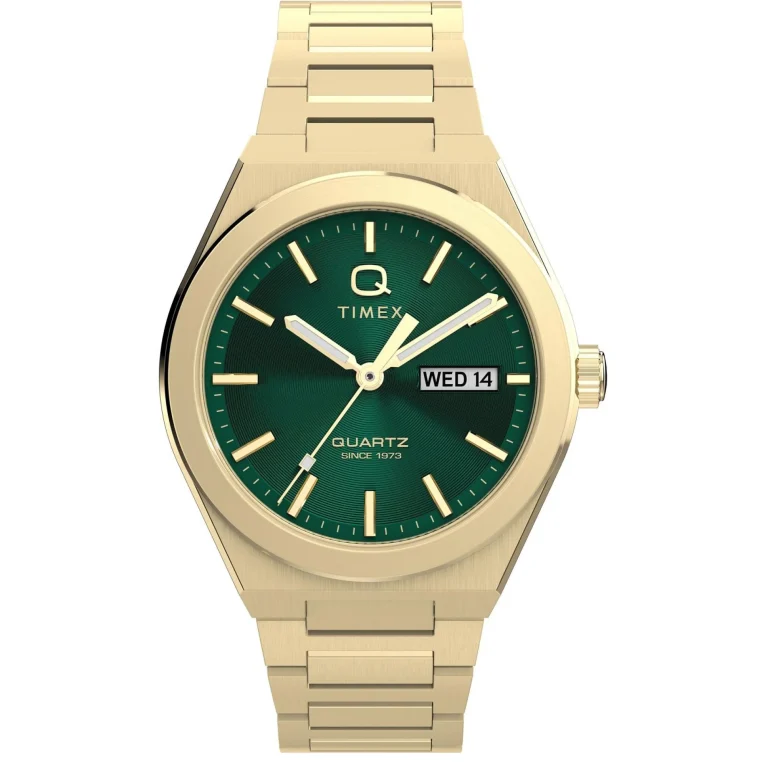 ساعت مچی مردانه تایمکس مدل TW2Y35100 Q Timex Continental با بند و بدنه طلایی و صفحه سبز