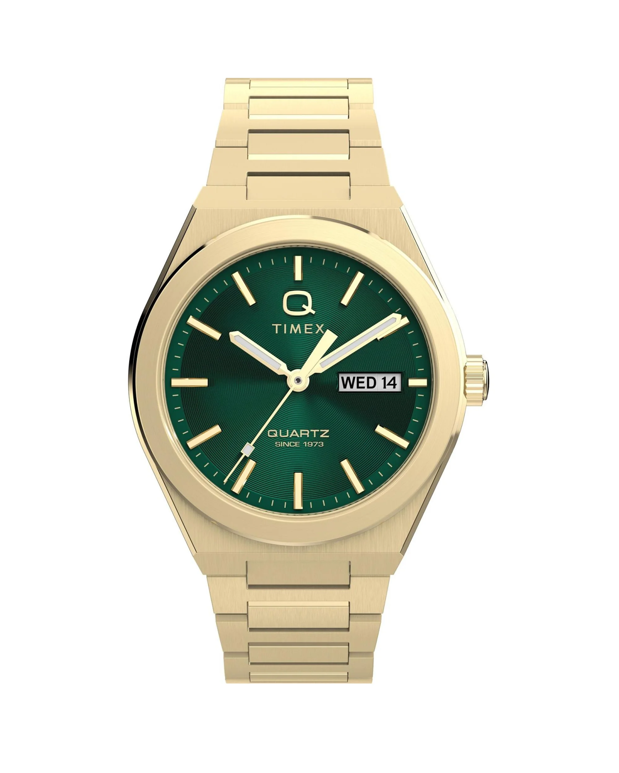 timex-tw2y35100-index ساعت مچی مردانه تایمکس مدل TW2Y35100 Q Timex Continental با بند و بدنه طلایی و صفحه سبز